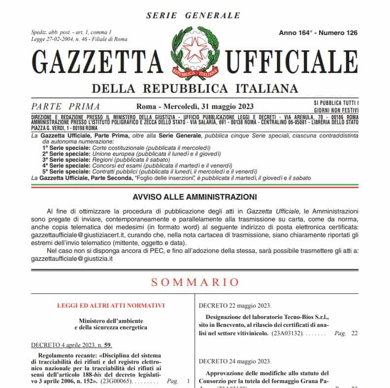 Il frontespizio della Gazzetta Ufficiale del 31 maggio 2023