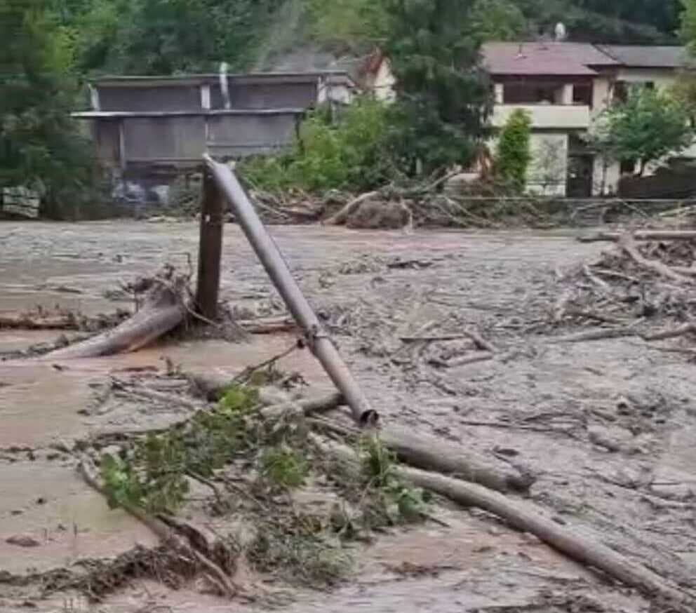 Devastazione di edifici e vegetazione causata da un'inondazione