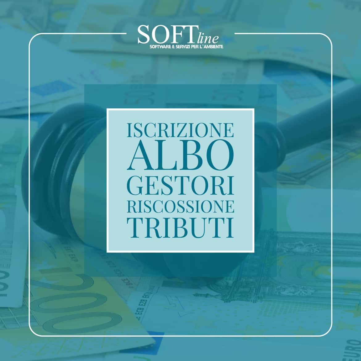 Scritta Iscrizione albo gestori riscossione tributi e sfondo con martelletto da giudice tutto virato all'azzurro