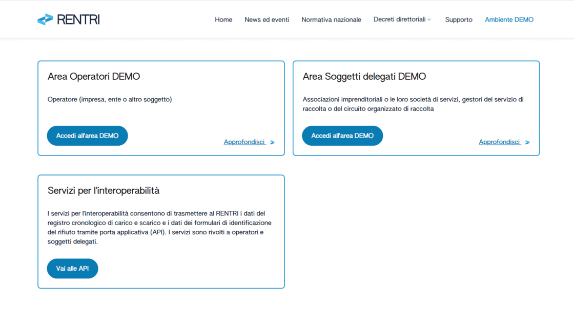 Schermata dell'area demo del sito del Rentri