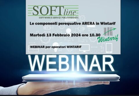 Una mano regge un portatile e la scritta WEBINAR per le componenti perequative in Wintarif di Softline