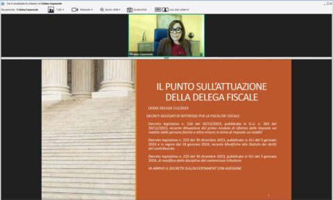 Schermata di un webinar con il relatore nella parte alta e le slide in quella inferiore