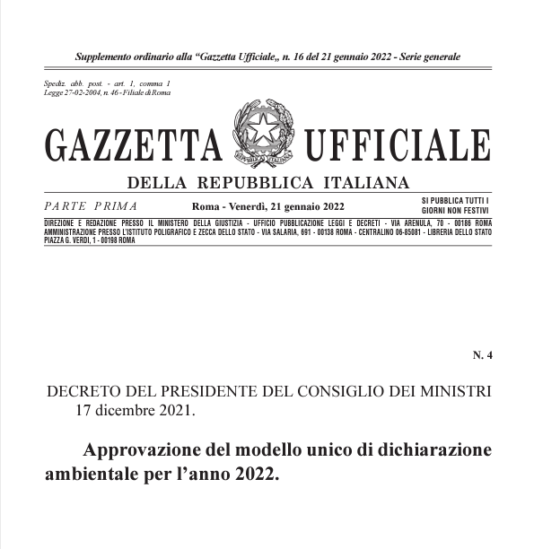 Frontespizio Gazzetta Ufficiale con approvazione MUD per l'anno 2022