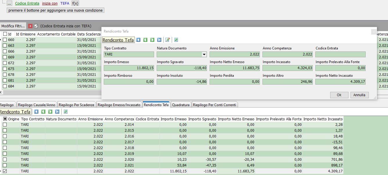 Schermata di Wintarif per la rendicontazione del tributo Tefa