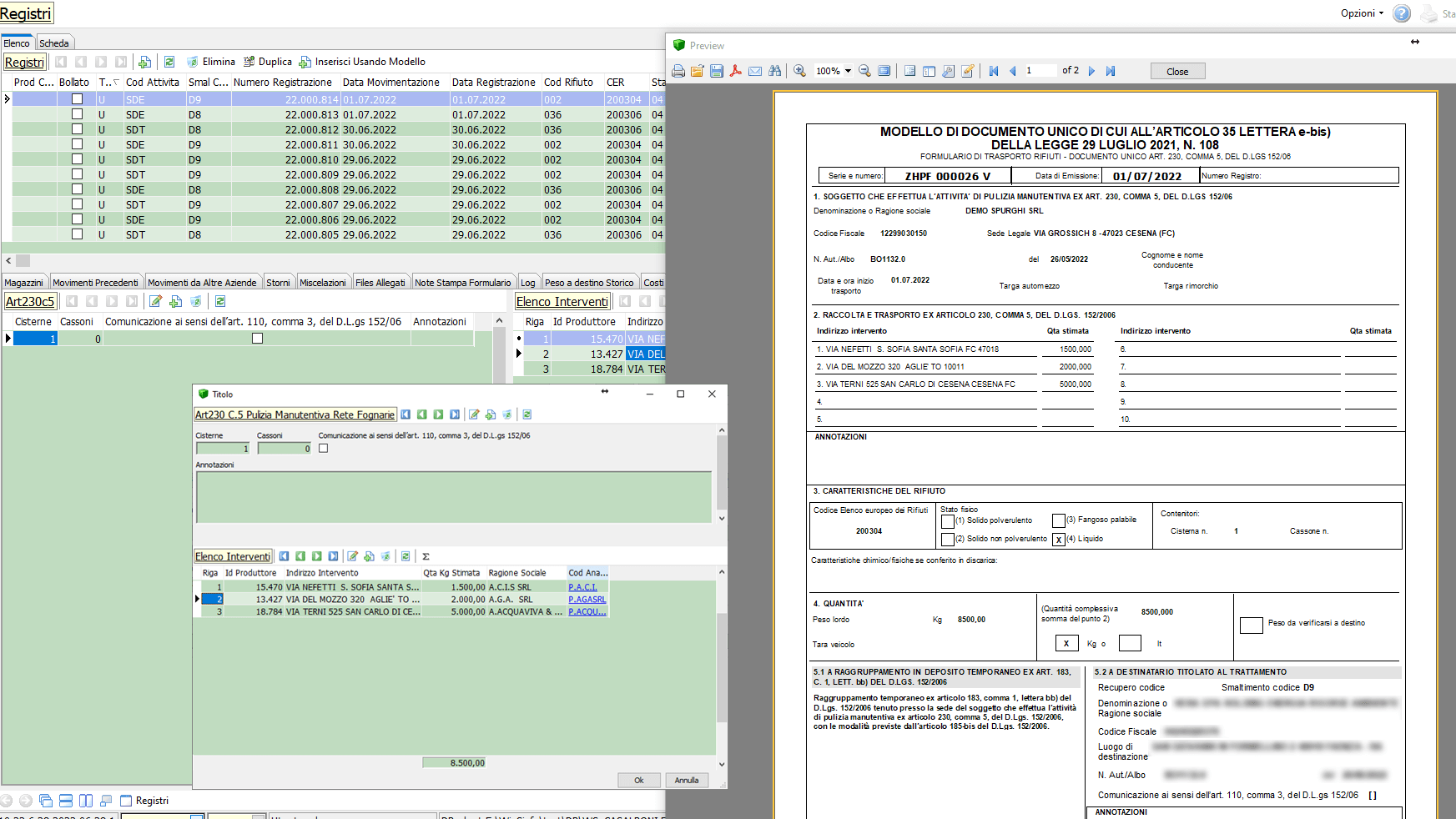 Una schermata di Winsinfo per la gestione del formulario spurghi