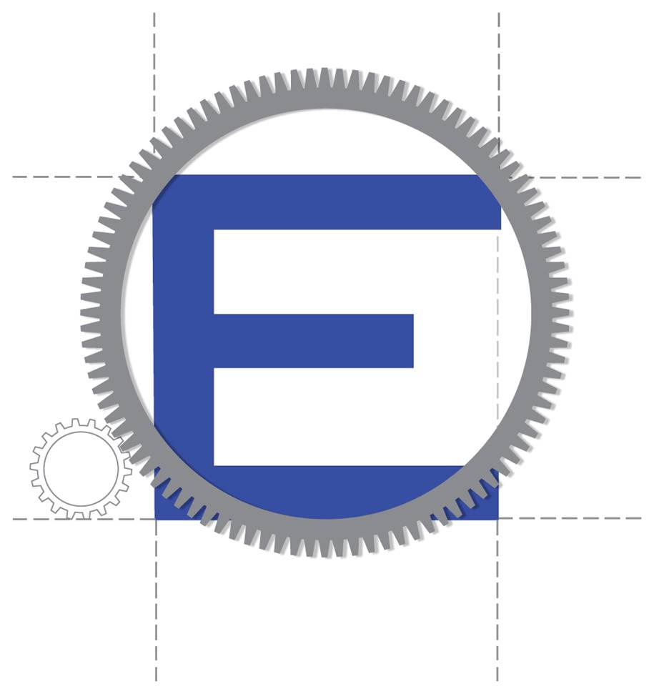 Logo Ergo E blu inscritta in ingranaggio grigio