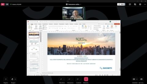La schermata del webinar: una slide e il relatore Federico Villani