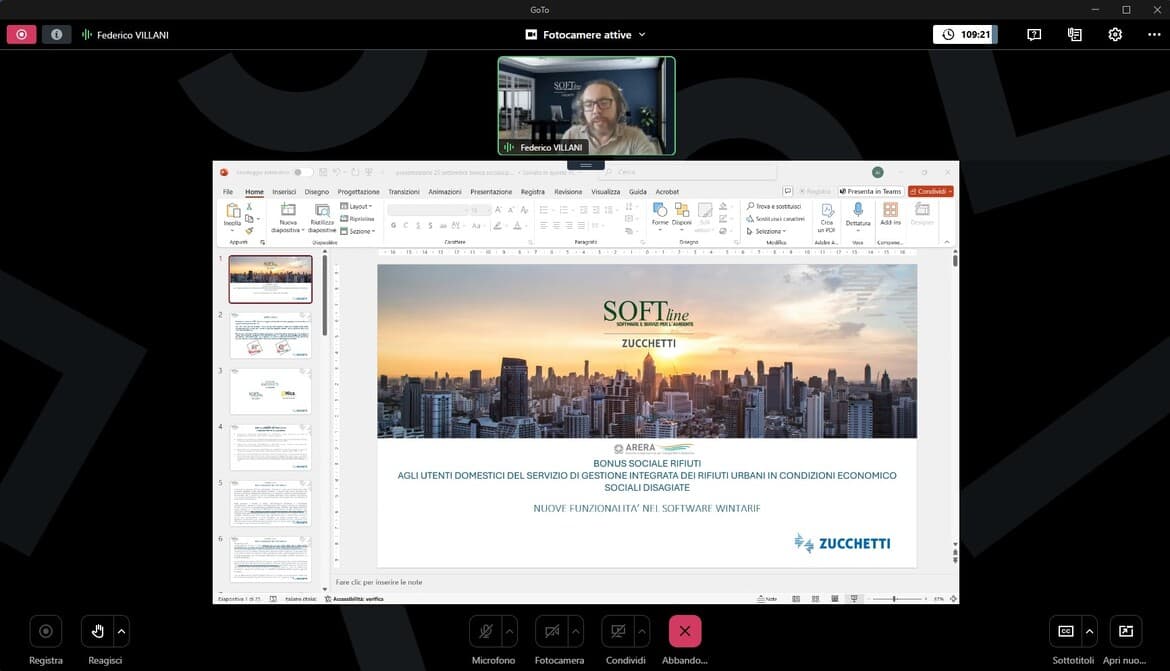 La schermata del webinar: una slide e il relatore Federico Villani