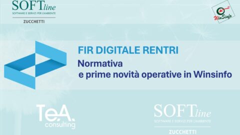Slide di apertura del webinar di Softline sul FIR digitale mostrante il logo del FIR, delle società Zucchetti, TeA consulting, Softline e del software Winsinfo su sfondo azzurro