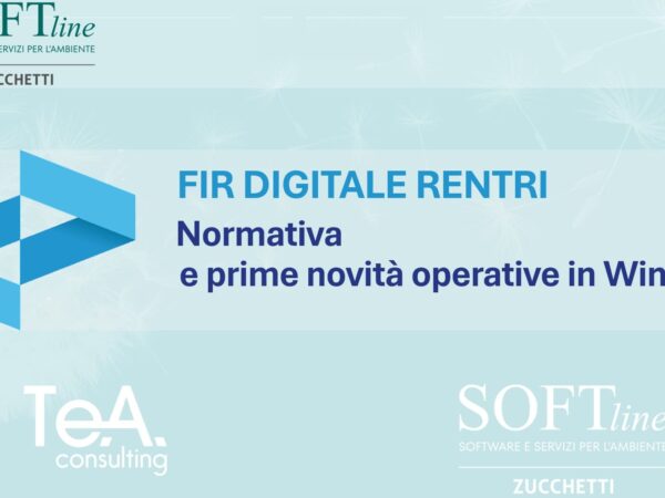 Slide di apertura del webinar di Softline sul FIR digitale mostrante il logo del FIR, delle società Zucchetti, TeA consulting, Softline e del software Winsinfo su sfondo azzurro