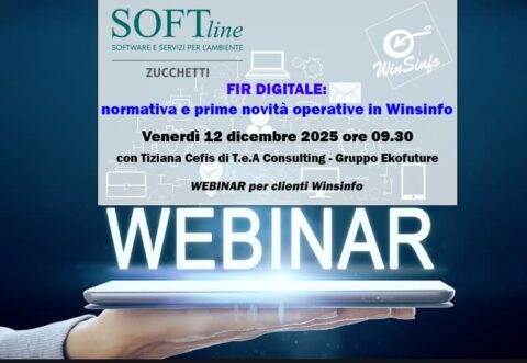 Una mano che regge un notebook sovrastato da una scritta Webinar e dalle indicazioni per partecipare al webinar di Softline sul FIR digitale