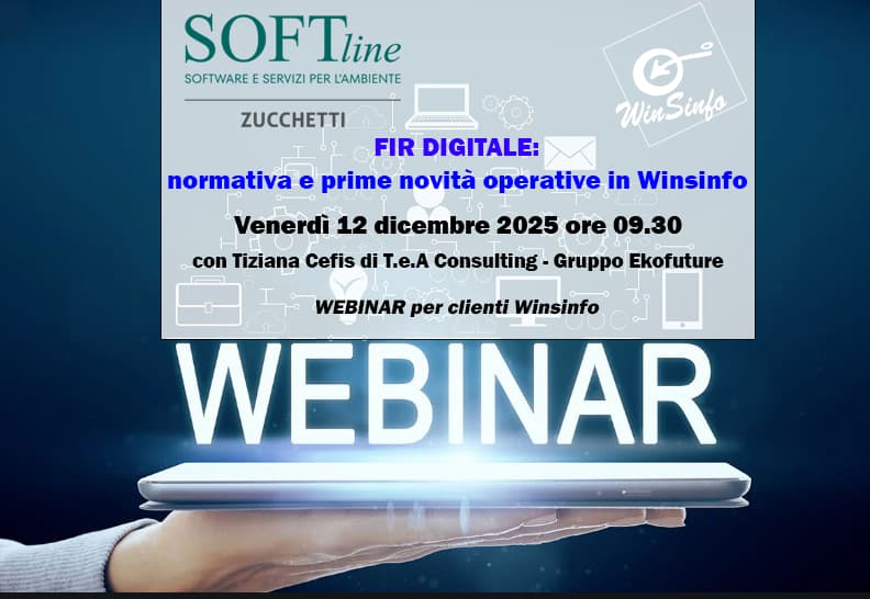 Una mano che regge un notebook sovrastato da una scritta Webinar e dalle indicazioni per partecipare al webinar di Softline sul FIR digitale