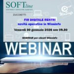 Una mano che regge un notebook sovrastato da una scritta Webinar e dalle indicazioni per partecipare al webinar di Softline sulle novità operative del FIR digitale Rentri