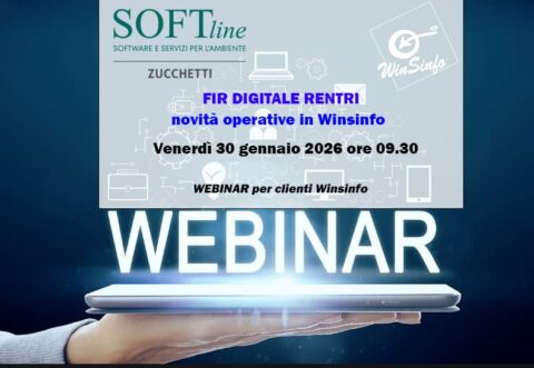 Una mano che regge un notebook sovrastato da una scritta Webinar e dalle indicazioni per partecipare al webinar di Softline sulle novità operative del FIR digitale Rentri