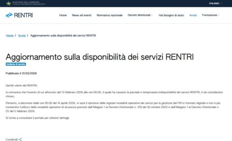 Schermata con aggiornamento Rentri