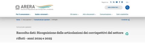 Pagina Internet di Arera con il comunicato 
