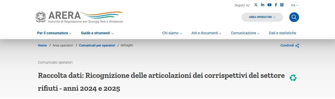 Pagina Internet di Arera con il comunicato "Raccolta dati: Ricognizione delle articolazioni dei corrispettivi del settore rifiuti - anni 2024 e 2025"